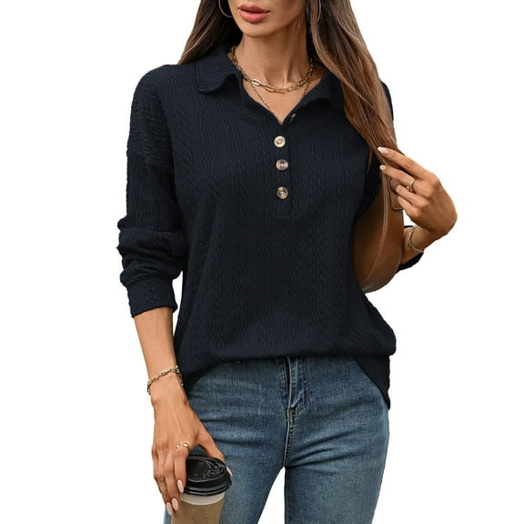 jinghuiyue Women Polo Shirts Long Sleeve Collared Button down Shirt V Neck Business Casual Pullover Tops L