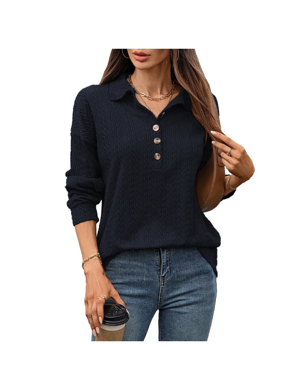Women Polo Shirts Long Sleeve Collared Button down Shirt V Neck Business Casual Pullover Tops L