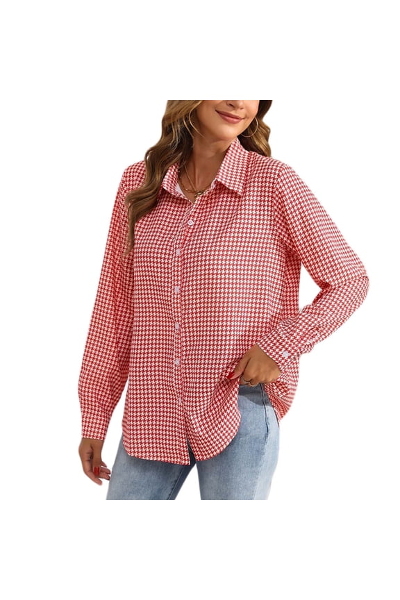 Women Shirts Button-up Collared Long Sleeve Plaid Shirt Business Office Casual Tops L