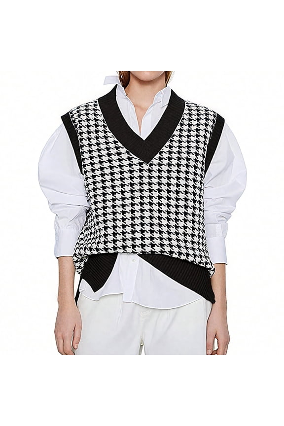 Women Sweater Vest V Neck Knit Sleeveless Pullover Tank Oversized Houndstooth Pattern Preppy Fashion Uniform Waistcoat M