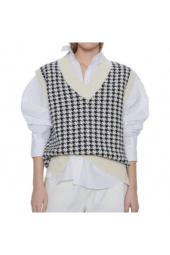 Women Sweater Vest V Neck Knit Sleeveless Pullover Tank Oversized Houndstooth Pattern Preppy Fashion Uniform Waistcoat M