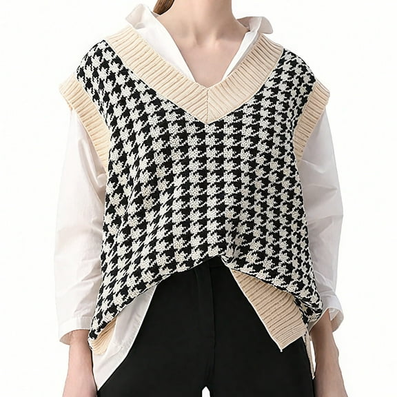 jinghuiyue Women Sweater Vest V Neck Knit Sleeveless Pullover Tank Oversized Houndstooth Pattern Preppy Fashion Uniform Waistcoat XL