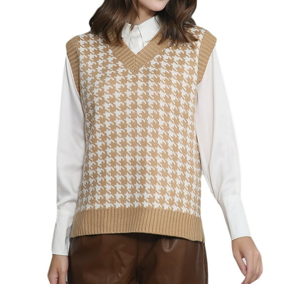 jinghuiyue Women Sweater Vest V Neck Knit Sleeveless Pullover Tank Oversized Houndstooth Pattern Preppy Fashion Uniform Waistcoat XL