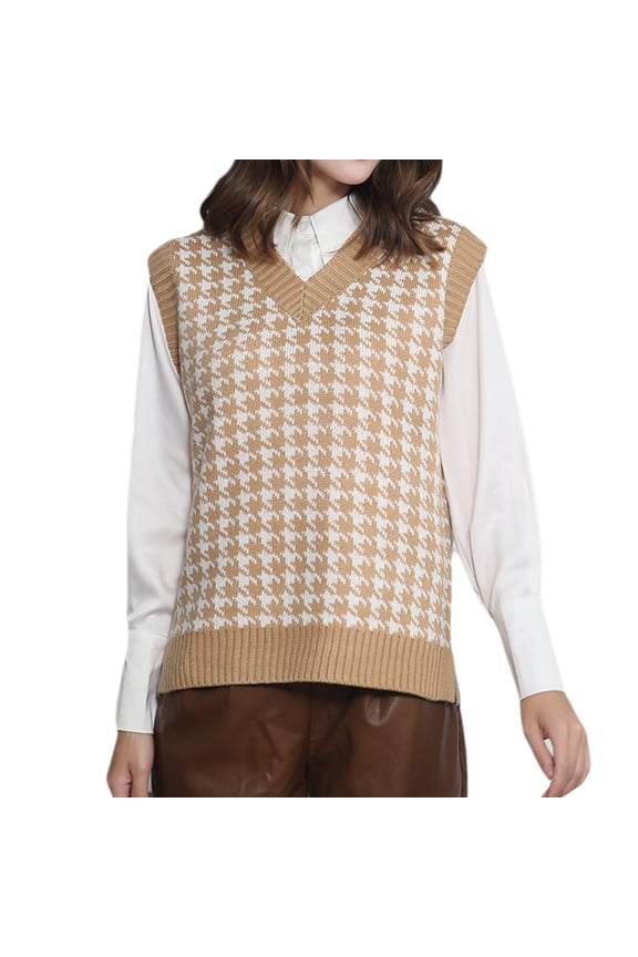 Women Sweater Vest V Neck Knit Sleeveless Pullover Tank Oversized Houndstooth Pattern Preppy Fashion Uniform Waistcoat XL