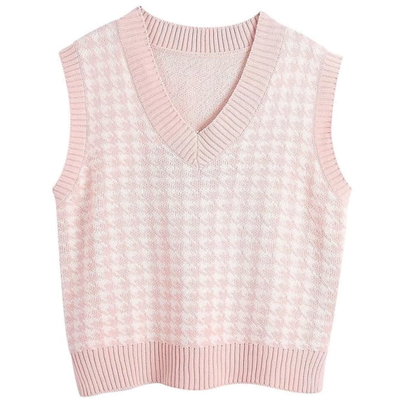 jinghuiyue Women Sweater Vest V Neck Knit Sleeveless Pullover Tank Oversized Houndstooth Pattern Preppy Fashion Uniform Waistcoat XXXL