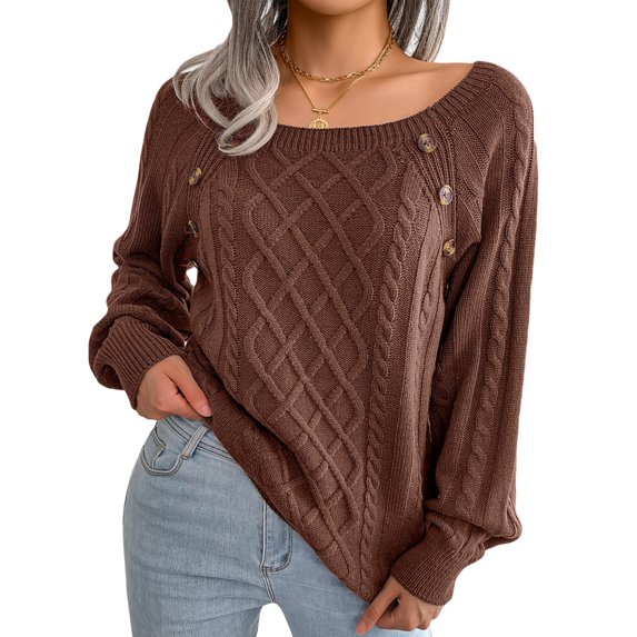 jinghuiyue Women Sweaters Long Sleeve Square Neck Knit Pullover Casual Cable Loose Knitwear Tops Fashion L