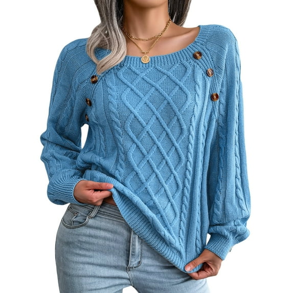 jinghuiyue Women Sweaters Long Sleeve Square Neck Knit Pullover Casual Cable Loose Knitwear Tops Fashion L