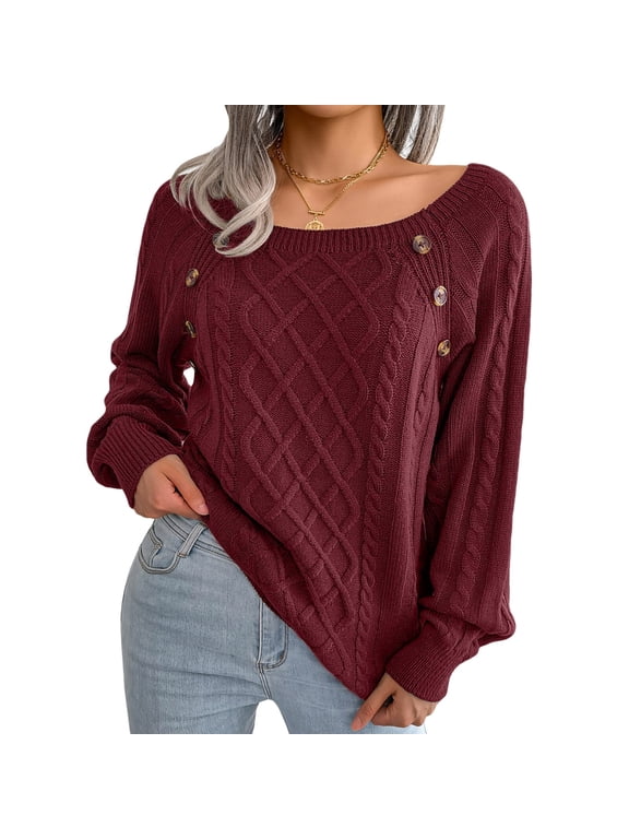 Women Sweaters Long Sleeve Square Neck Knit Pullover Casual Cable Loose Knitwear Tops Fashion L