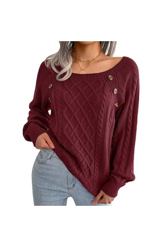 Women Sweaters Long Sleeve Square Neck Knit Pullover Casual Cable Loose Knitwear Tops Fashion L