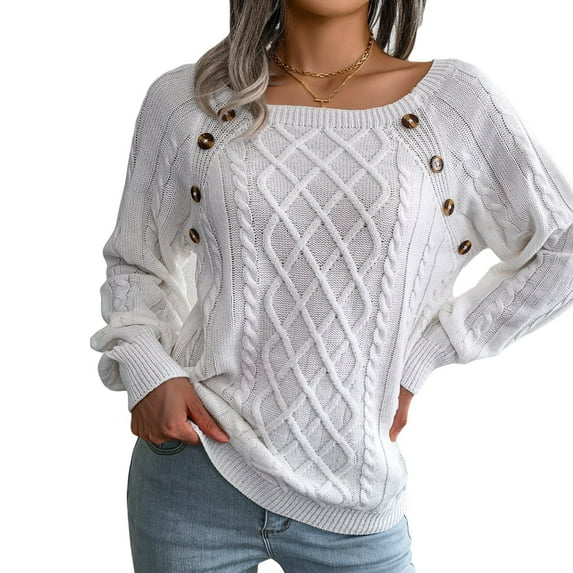 jinghuiyue Women Sweaters Long Sleeve Square Neck Knit Pullover Casual Cable Loose Knitwear Tops Fashion M