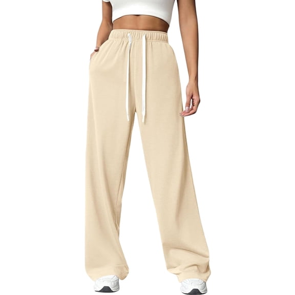 jinghuiyue Women Wide Leg High Waist Sweatpants Straight Leg Lounge Drawstring Elastic Sweat Pant with Pockets M