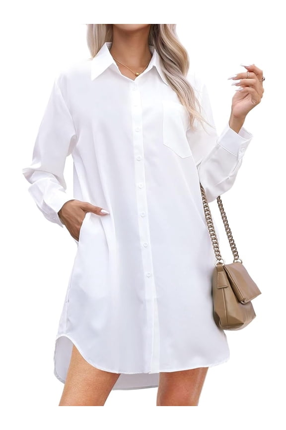Women's Button Down Shirt Dresses Long Sleeve Oversize Blouse Casual Long Shirts with Side Pockets L