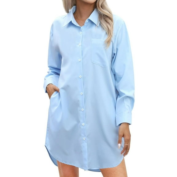 jinghuiyue Women's Button Down Shirt Dresses Long Sleeve Oversize Blouse Casual Long Shirts with Side Pockets L