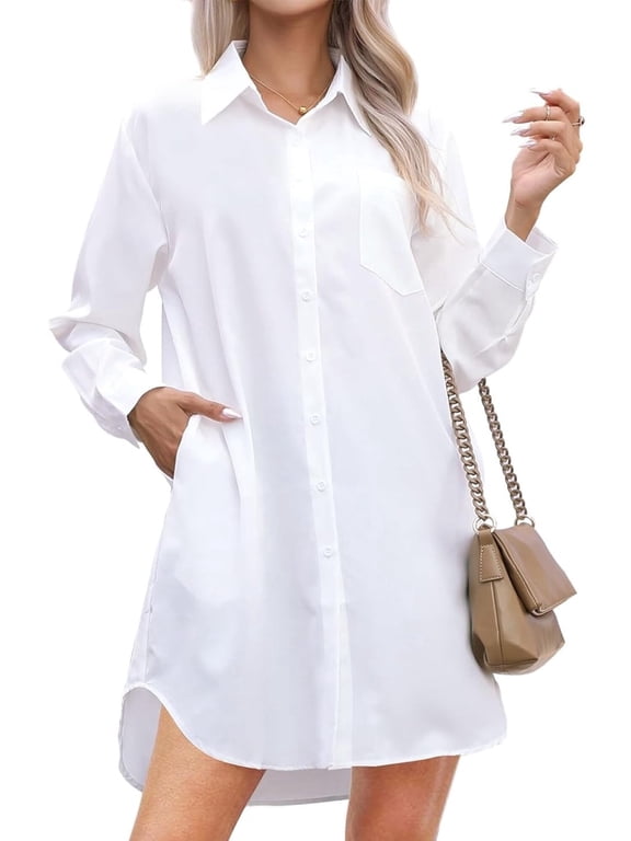 Women's Button Down Shirt Dresses Long Sleeve Oversize Blouse Casual Long Shirts with Side Pockets L