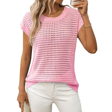 jinghuiyue Women's Crewneck Sweater Vest Hollow Out Cap Short Sleeve Knit Crochet Shirts Beach Cover Up Summer Pullover Tops L