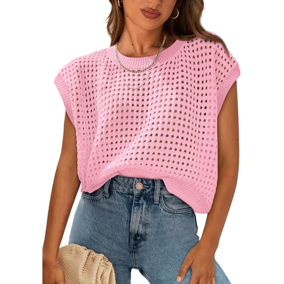 jinghuiyue Women's Crewneck Sweater Vest Hollow Out Cap Short Sleeve Knit Crochet Shirts Beach Cover Up Summer Pullover Tops L