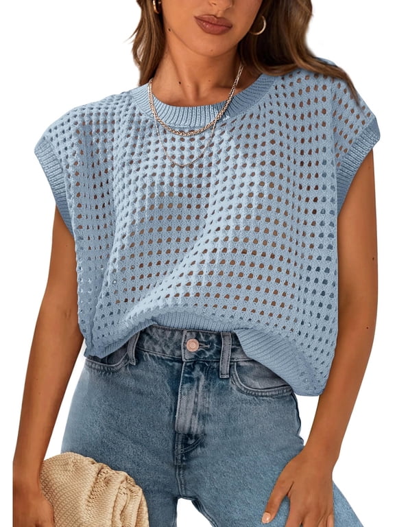 Women's Crochet Tops Cap Sleeve Crewneck Sweater Pullover Beach Bathing Suit Cover Ups M
