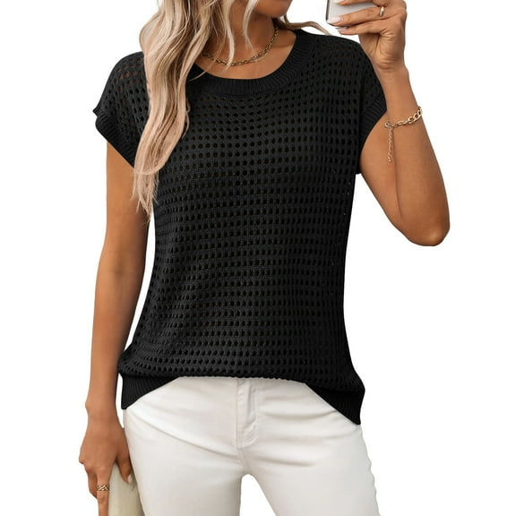 jinghuiyue Women's Crewneck Sweater Vest Hollow Out Cap Short Sleeve Knit Crochet Shirts Beach Cover Up Summer Pullover Tops M