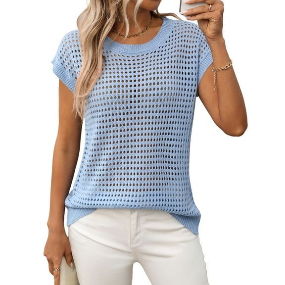 jinghuiyue Women's Crewneck Sweater Vest Hollow Out Cap Short Sleeve Knit Crochet Shirts Beach Cover Up Summer Pullover Tops S