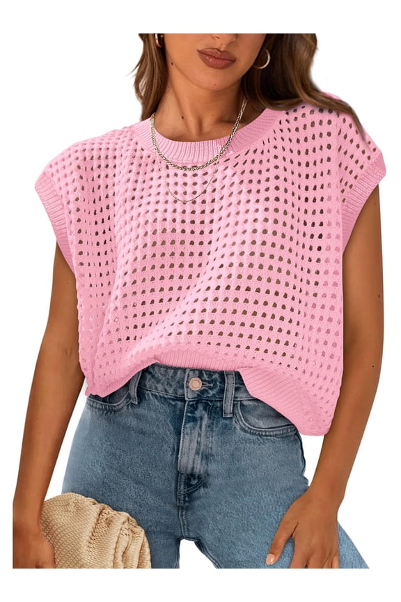Women's Crochet Tops Cap Sleeve Crewneck Sweater Pullover Beach Bathing Suit Cover Ups XL