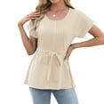 thumbnail image 1 of jinghuiyue Women’s Short Sleeve Chiffon Blouses Causal Dressy Pleated Tie Waist Work Office T Shirts Summer Solid Crew Neck Tops S, 1 of 8
