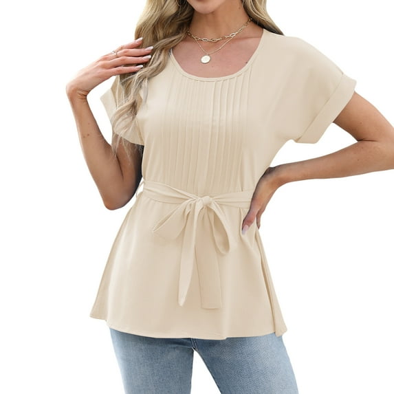 jinghuiyue Women’s Short Sleeve Chiffon Blouses Causal Dressy Pleated Tie Waist Work Office T Shirts Summer Solid Crew Neck Tops S