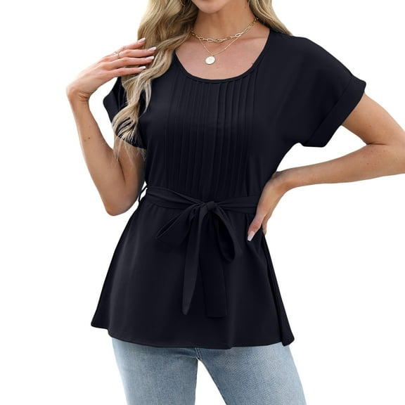 jinghuiyue Women’s Short Sleeve Chiffon Blouses Causal Dressy Pleated Tie Waist Work Office T Shirts Summer Solid Crew Neck Tops M