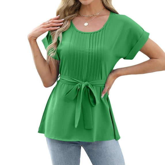 jinghuiyue Women’s Short Sleeve Chiffon Blouses Causal Dressy Pleated Tie Waist Work Office T Shirts Summer Solid Crew Neck Tops XXL