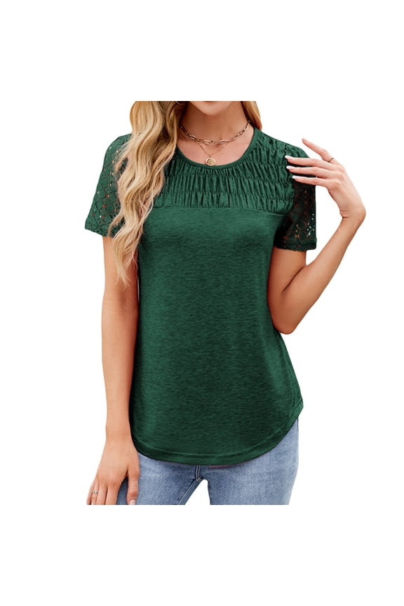 Women’s Short Sleeve Shirts Dressy Lace Smocked Summer Tops Trendy Casual T shirts Cute Work Blouses L