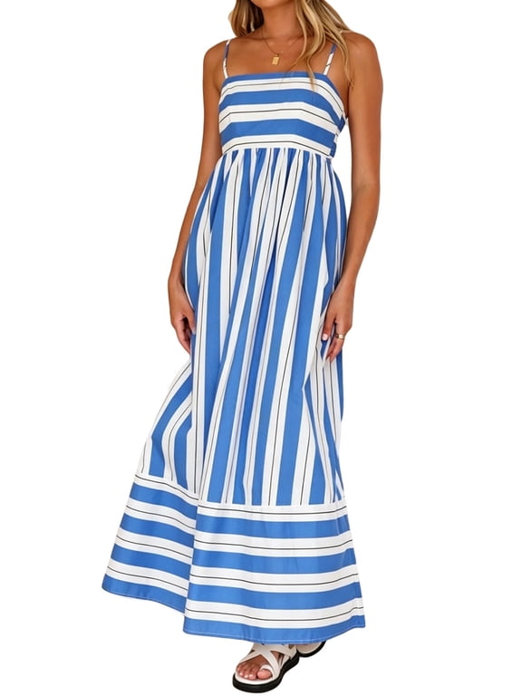 Women's Striped Spaghetti Strap Maxi Dress Smocked Cutout Back Flowy A-Line Vacation Dresses XL
