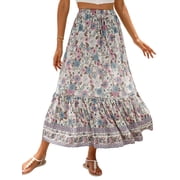 jinghuiyue Women s Summer Boho Floral Printed Elastic High Waist Maxi Skirt Flowy Swing Casual A Line Beach Long Skirts M