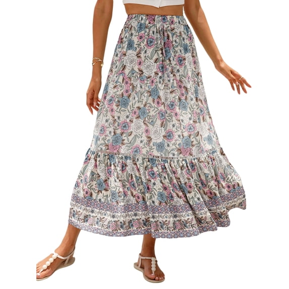jinghuiyue Women’s Summer Boho Floral Printed Elastic High Waist Maxi Skirt Flowy Swing Casual A Line Beach Long Skirts M