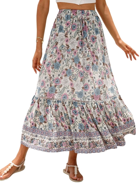 Women’s Summer Boho Floral Printed Elastic High Waist Maxi Skirt Flowy Swing Casual A Line Beach Long Skirts M