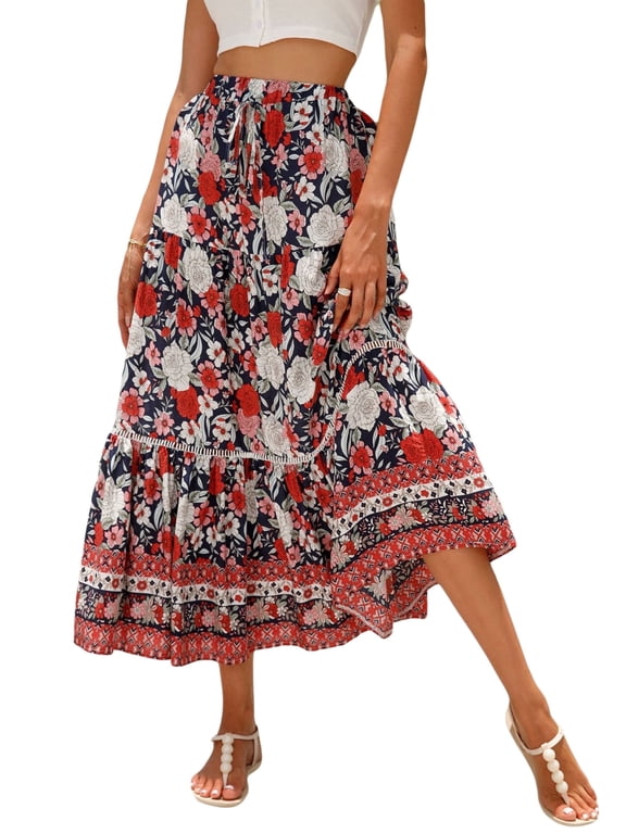 Women’s Summer Boho Floral Printed Elastic High Waist Maxi Skirt Flowy Swing Casual A Line Beach Long Skirts M