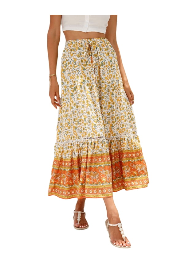 Women’s Summer Boho Floral Printed Elastic High Waist Maxi Skirt Flowy Swing Casual A Line Beach Long Skirts M