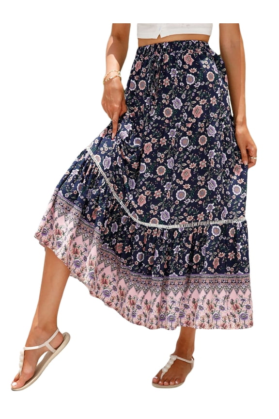 Women’s Summer Boho Floral Printed Elastic High Waist Maxi Skirt Flowy Swing Casual A Line Beach Long Skirts XL
