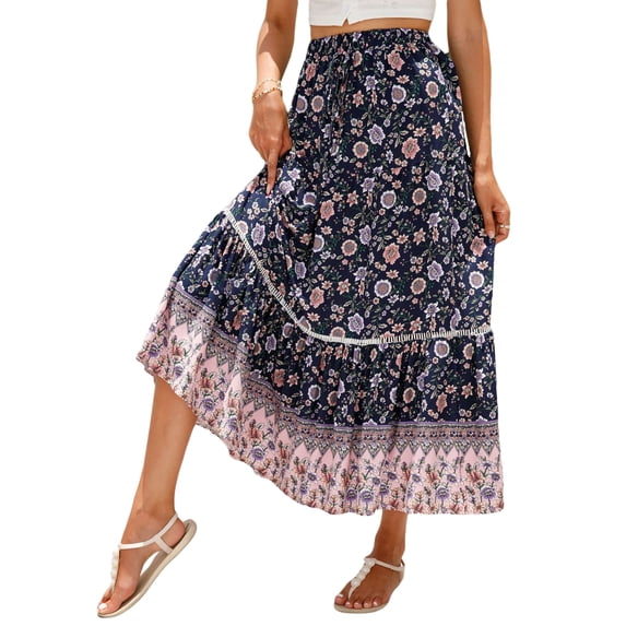 jinghuiyue Women’s Summer Boho Floral Printed Elastic High Waist Maxi Skirt Flowy Swing Casual A Line Beach Long Skirts XL