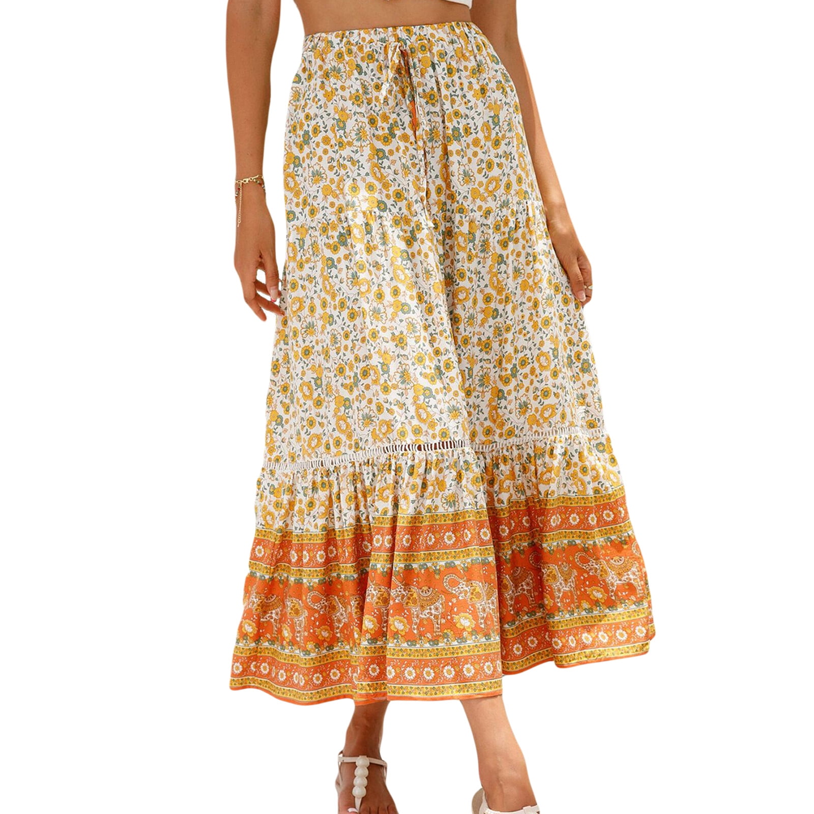 ORANDESIGNE Donna Estive Boho Lunga Gonna Elegante Elasticizzata Spiaggia Gonna Midi Floreali A-Line Swing Gonne Primaverile Estive Boho Lunga Elastico Vita Alta Gonna per Le Vacanze A Albicocca XS