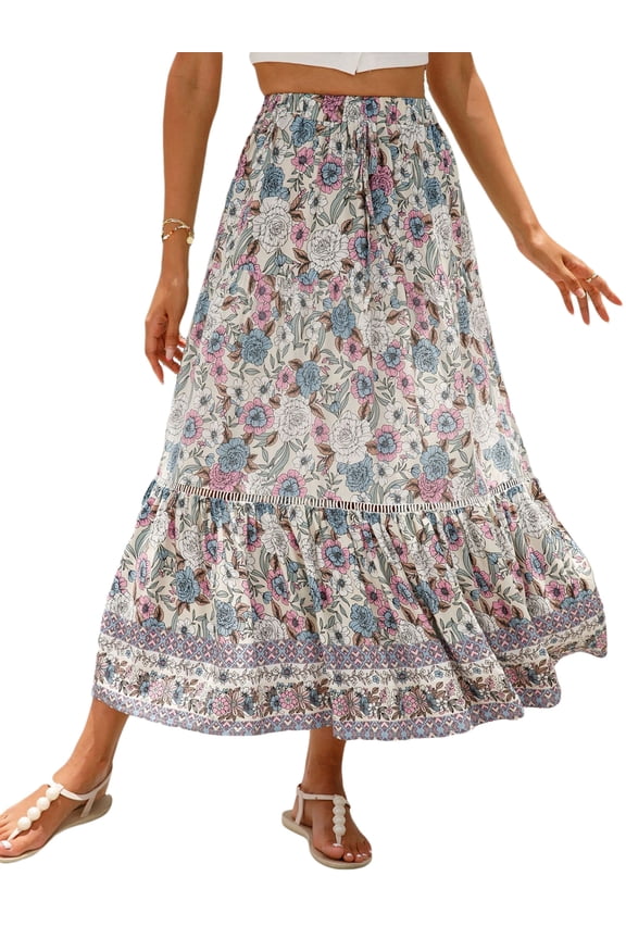 Women’s Summer Boho Floral Printed Elastic High Waist Maxi Skirt Flowy Swing Casual A Line Beach Long Skirts M