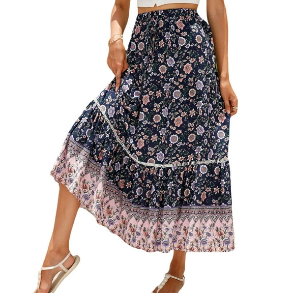jinghuiyue Women’s Summer Boho Floral Printed Elastic High Waist Maxi Skirt Flowy Swing Casual A Line Beach Long Skirts XL
