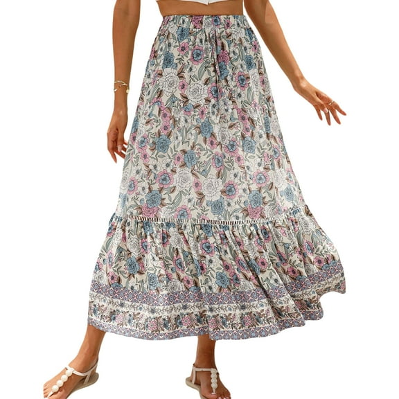 jinghuiyue Women’s Summer Boho Floral Printed Elastic High Waist Maxi Skirt Flowy Swing Casual A Line Beach Long Skirts XL