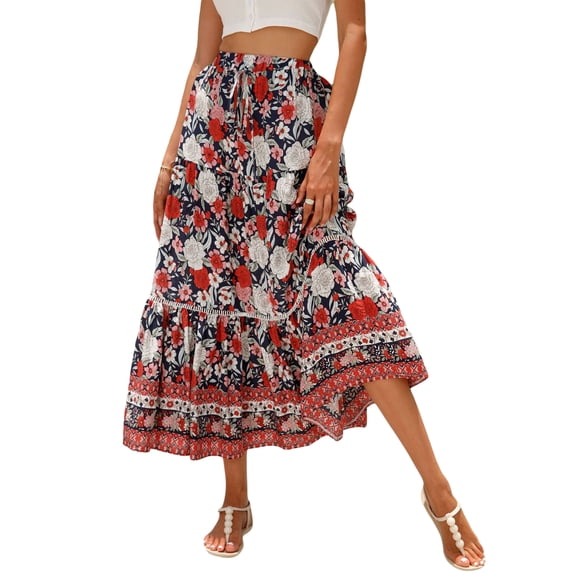jinghuiyue Women’s Summer Boho Floral Printed Elastic High Waist Maxi Skirt Flowy Swing Casual A Line Beach Long Skirts XL