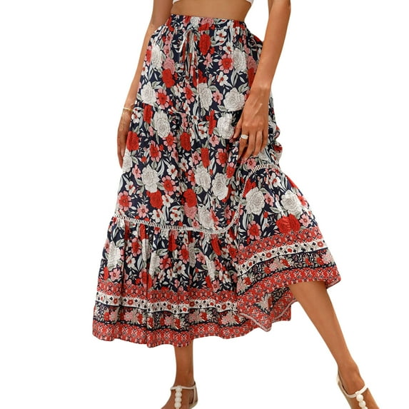 jinghuiyue Women’s Summer Boho Floral Printed Elastic High Waist Maxi Skirt Flowy Swing Casual A Line Beach Long Skirts S