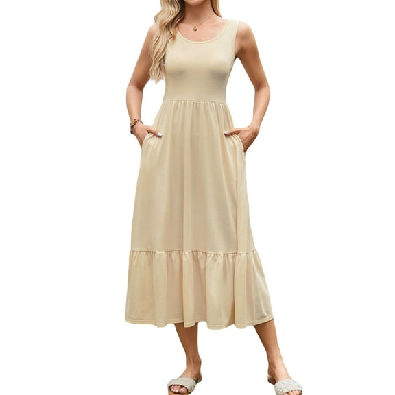 jinghuiyue Women’s Summer Sleeveless Dress Casual Flowy Tiered Maxi Long Beach Dresses with Pockets M