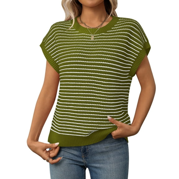 jinghuiyue Women’s Sweater Vest Striped Crewneck Knit Tank Top Casual Cap Sleeve Summer Pullover Sweaters M