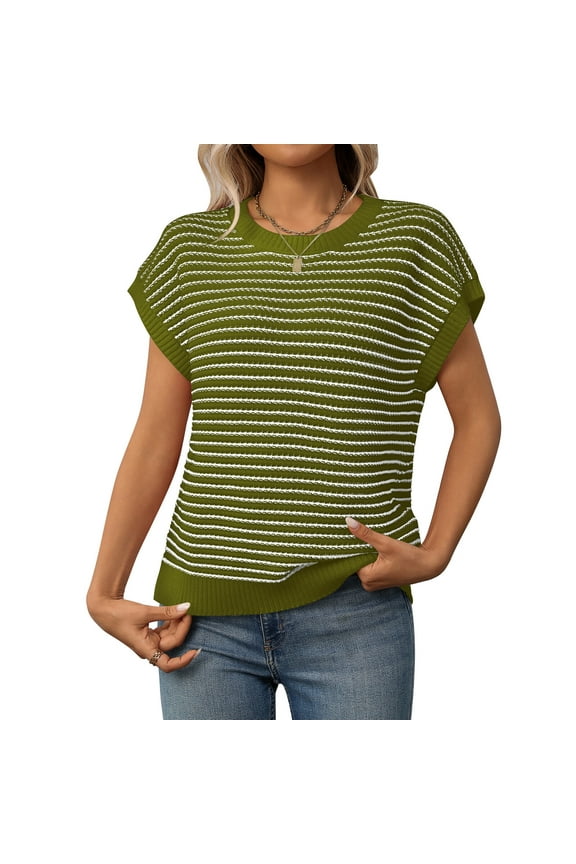 Women’s Sweater Vest Striped Crewneck Knit Tank Top Casual Cap Sleeve Summer Pullover Sweaters M