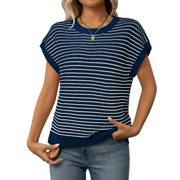 jinghuiyue Women’s Sweater Vest Striped Crewneck Knit Tank Top Casual Cap Sleeve Summer Pullover Sweaters XL