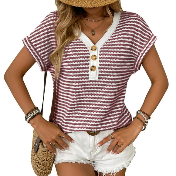 jinghuiyue Women's Sweater Vest Striped V Neck Cap Sleeve Pullover Knit Tank Top Casual Button Knitted Vests Spring Summer Clothes XL
