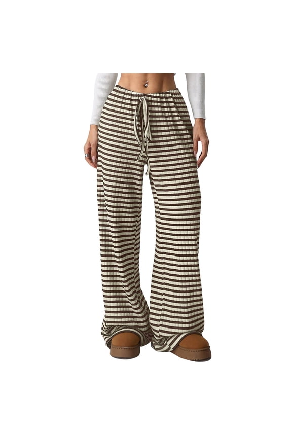 Women Wide Leg Pants Striped Elastic Low Waisted Pants Casual Knit Loungewear with Drawstring M