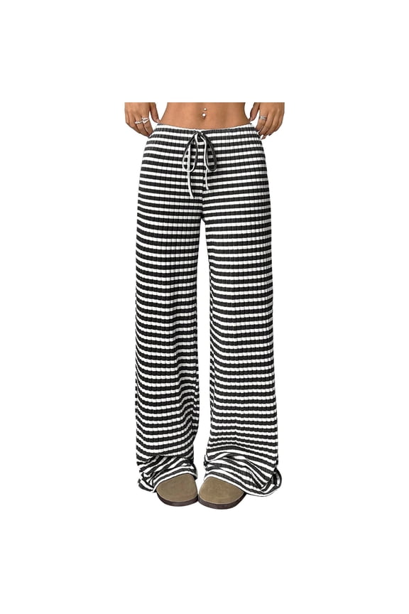 Women Wide Leg Pants Striped Elastic Low Waisted Pants Casual Knit Loungewear with Drawstring L